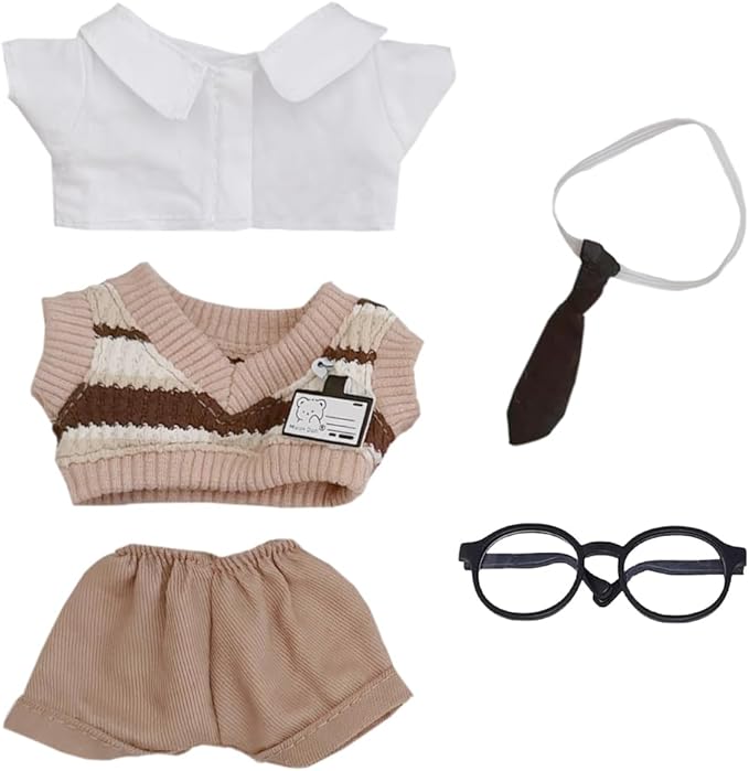 niannyyhouse 10cm-15cm Plush Doll Clothes Uniform Set Compatible with 17cm Labubu Doll (Brown)