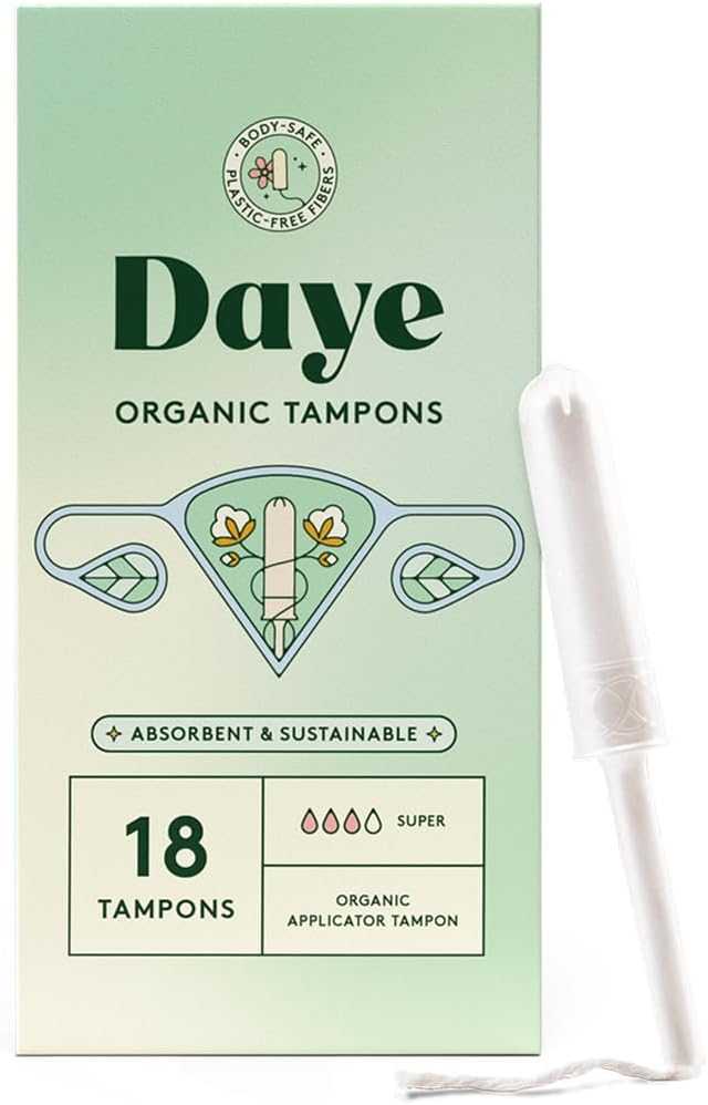 Daye Organic Tampons Super | 18ct | Pesticide & Metal Tested, 100% Organic Cotton for Heavy Flow | No-Shed Sleeve, Sugarcane Applicator