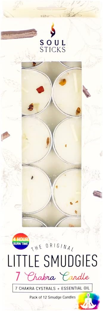 SOUL STICKS 12 Pack Little Smudgies Tealight Candles Smudge Candle for Cleansing House, Meditation, Chakra Healing | Made with Crystals and Herbs (7 Chakra)