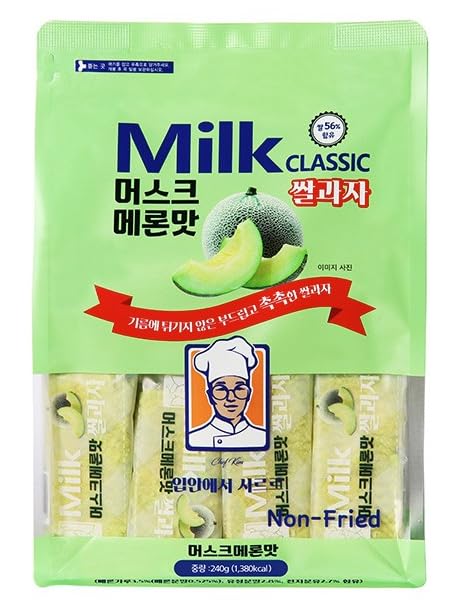 Milk Classic Muskmelon Rice Snack, Crispy Korean Style Rice Crackers, Individually Wrapped Sweet Melon Flavor Snack, Non-Fried Light Snack, 8.46 oz