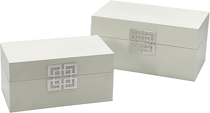 Galt International Storage Box Set Decorative Storage Box w/Hinged Lid Classic Design Wood Decor Boxes with Geometric Clasp Storage for Bedroom & Home - Set of 2 (White & Silver)