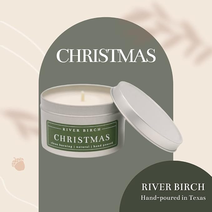 River Birch Candles Christmas Scented Candle | Premium, All-Natural, Non-Toxic, Soy Candles | 8 oz. Silver Tin Travel Candle | Cozy Relaxing Gifts for Home, White