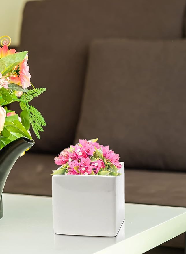 Serene Spaces Living Set of 4 Glossy White Ceramic Square Vase, Succulent Planter, Ceramic Cube Vase for Flowers, Decorative Centerpiece for Home, Office, Wedding,Measures 3" Diameter & 3" Tall