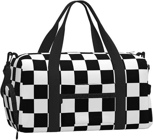 Fiokroo Sports Gym Bag Black And White Checkered Travel Duffel Bag For Men Women With Shoe Compartment Water Resistant Gym Bag Carry On Duffel Bag For Weekend Traveling Yoga Gym Sports