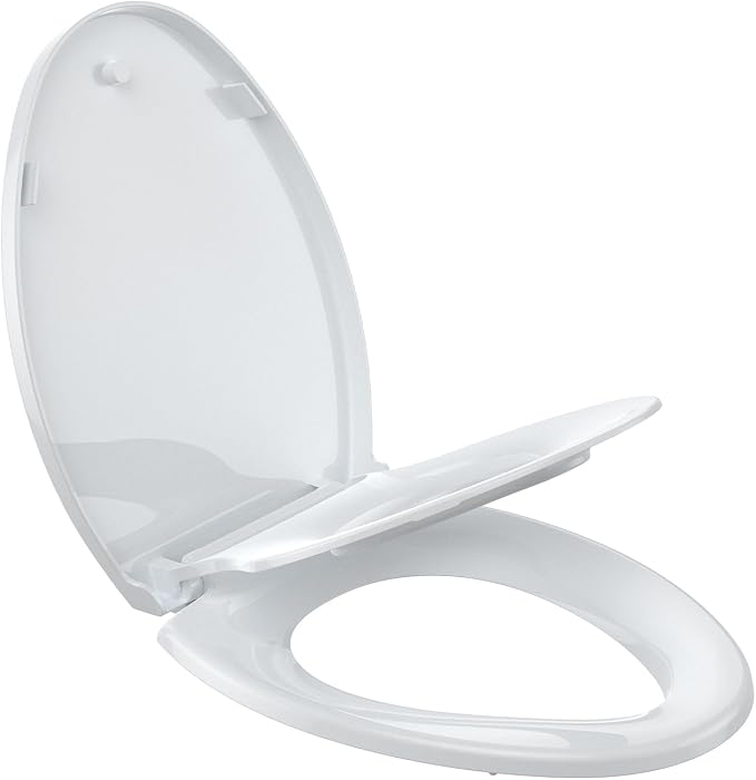 Elongated Toilet Seat, Toilet Lid Slow Close Quiet No Thud, Magnets Down Lock Quick Release Full Flat Potty Training Toilet Seat with Child Toddler Seat White, 19" Bunk Cover