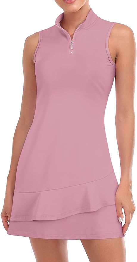 Viracy Tennis Dress for Women Sleeveless Golf Dresses with Shorts and Pockets Ruffle Zip Up Stand Collar Golf Outfits