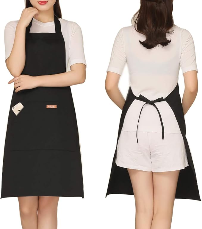 NEWGEM Adjustable Canvas Aprons for Women Men with 2 Pockets - Kitchen Cooking Chef Apron with Neck Strap, Stain Resistant Pinafore for Waitress Barista Restaurant Baking BBQ (Black)
