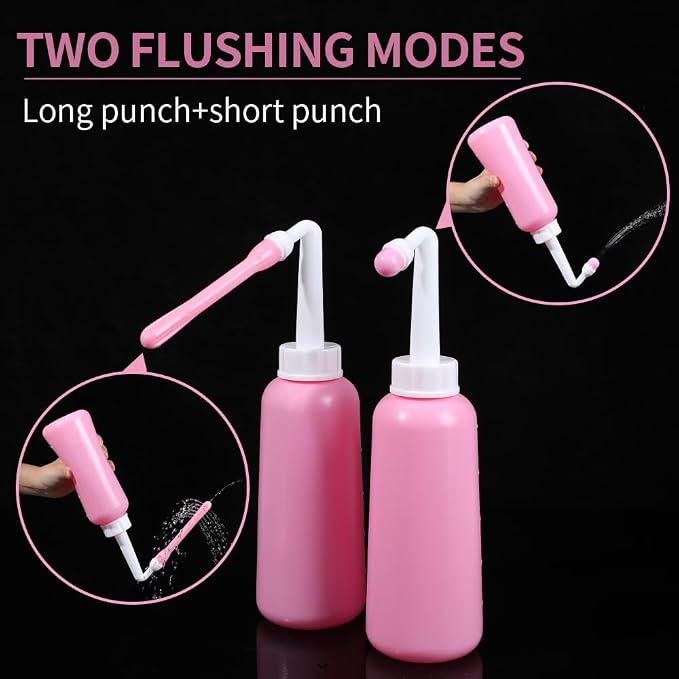 Peri Bottle Vaginal Douche- Postpartum and Perineal Care，Multi-Functional Douche Bottle for Women, 2IN1 Short Punch+Long Punch, 500ml, Pink