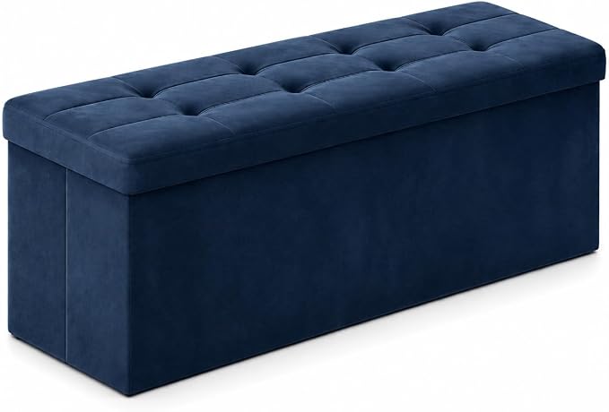 ALASDO 43 Inch Folding Storage Ottoman Bench with Hidden Storage, Velvet Storage Ottoman Foot Rest Stool, End of Bed Bench for Bedroom, Living Room, Entryway and Closet, Navy Blue
