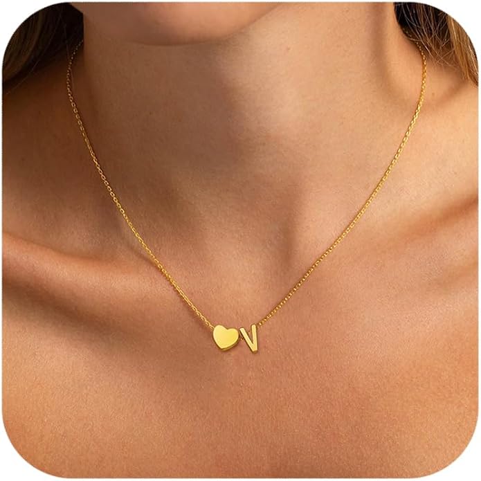 Heart Initial Necklaces for Women Girls, 18K Gold Plated A-Z Initial Necklace Tiny Heart Necklace Dainty Gold Initial Necklaces for Women Trendy Jewelry Gifts for Teen Girls