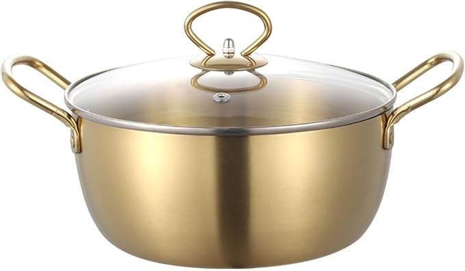 Ramen Soup Pot Pan with Lid Ramen Cooker Ramen Pot Korean Noodle Cooker Aluminium Alloy Cooking Pot with Lid Stock Pot for Cooking Soup Pasta and Stew Spoon,Gold,18CM