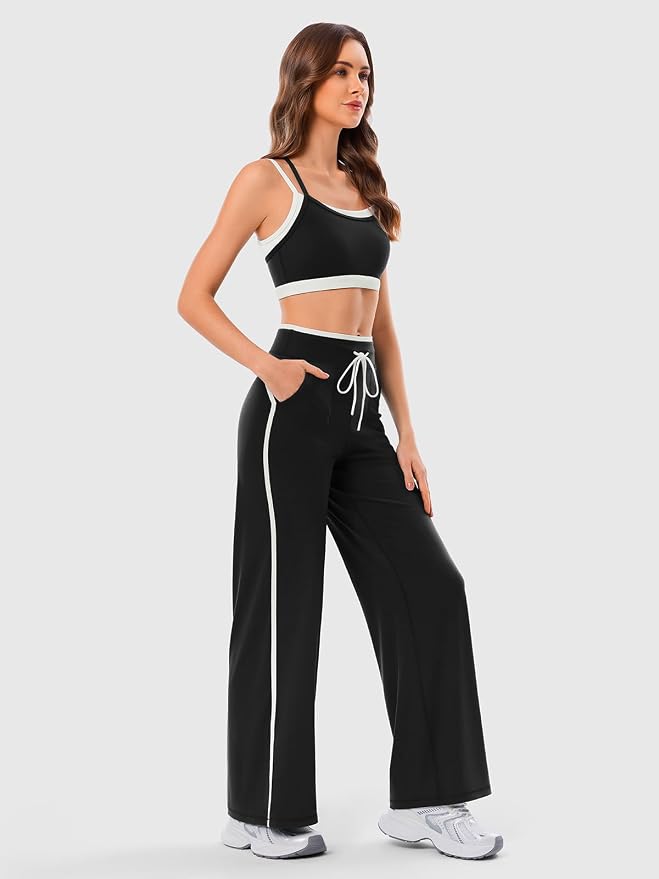 Women's Wide Leg Yoga Pants with Side Stripe, High Waisted Color Block String Lounge Pants, Workout Flowy Track Pants with Pockets