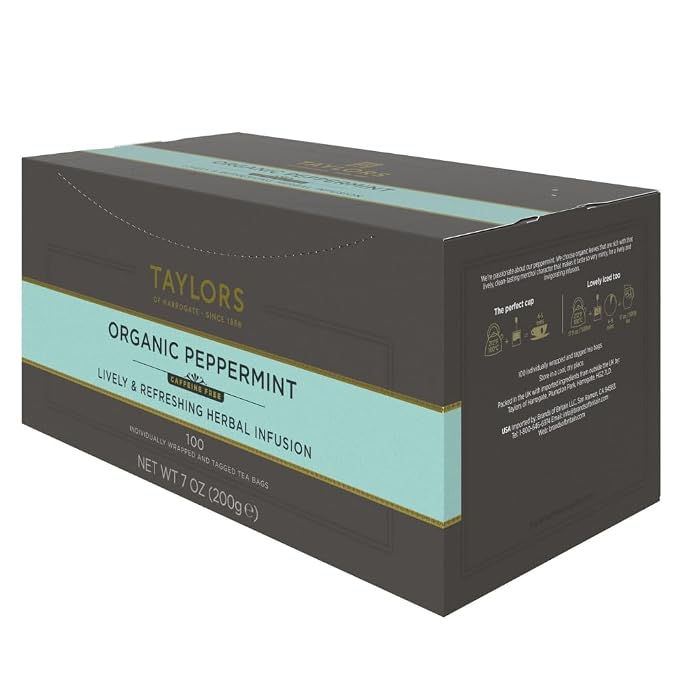 Taylors of Harrogate Organic Peppermint, Herbal Tea, Individually Wrapped Bags, 100 Count (Pack of 1), Clean, Pure and Refreshing, Caffeine-Free, Enjoy Hot or Iced, 100 Teabags
