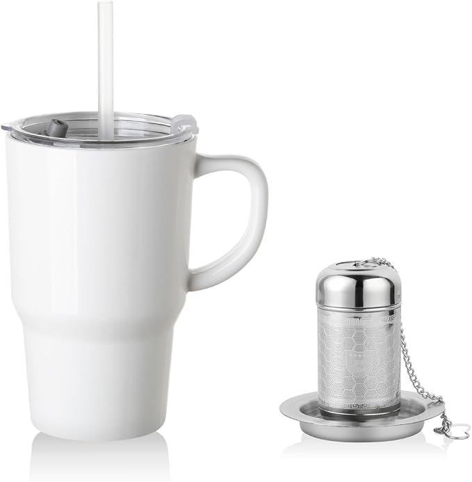 Sweejar Ceramic Tea Cup with Lid, 16 OZ Portable Coffee Mug, Dishwasher Safe Travel Mug with Infuser, Reusable Teacup for Car Cup Holder, Tea Lovers(White)