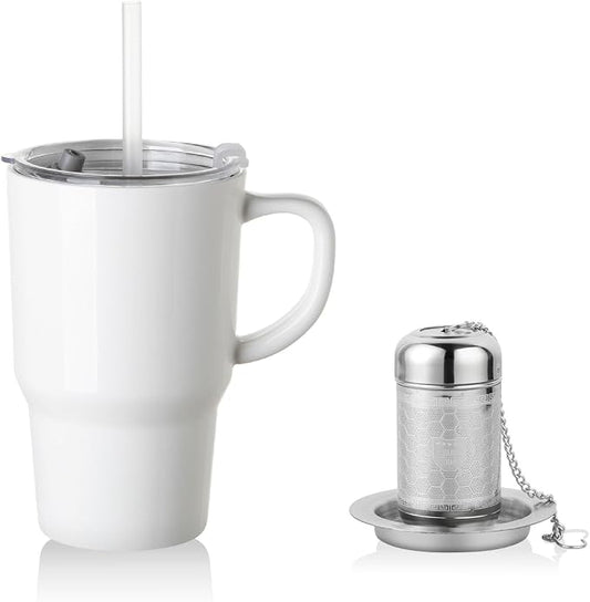 Sweejar Ceramic Tea Cup with Lid, 16 OZ Portable Coffee Mug, Dishwasher Safe Travel Mug with Infuser, Reusable Teacup for Car Cup Holder, Tea Lovers(White)