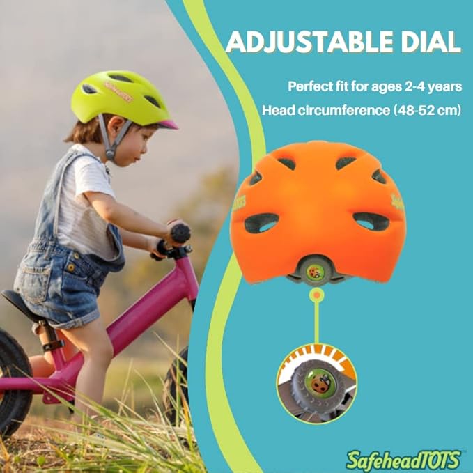 Adjustable Toddler Bike Helmet, Built in Visor with Removable Washable Inner Lining, XS Ages 2-4 Years for Boys and Girls, Perfect for Cycling, Scooters, Orange-Blue