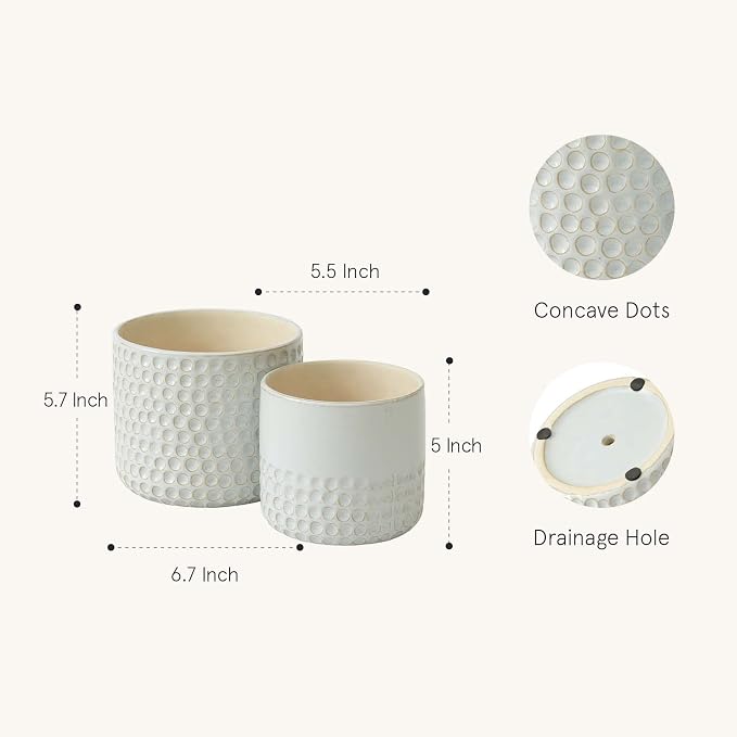 La Jolie Muse Ceramic Planter - 6.7+5.5 Inch Concave Dot Patterned Cylinder Flower Pot W/Drain Hole for Indoor, Set of 2, Glacier Gray | 6.7+5.5 Inch, Grey Dot Pattern Ceramic Planter with Drainage Hole, Decorative Planter Pots for Indoor Plants, Home ...