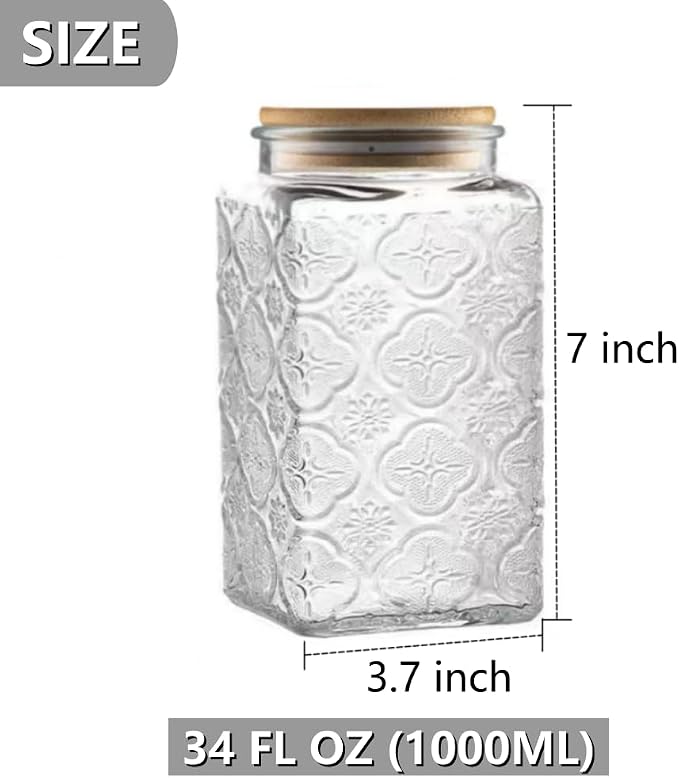 Vintage Glass Storage Jar, 34oz Square Coffee Cainster | Glass Food Storage Container with Lid, Airtight Kitchen Canister for Coffee, Cookie, Tea, Sugar, Candy, Decorative Mason Jar