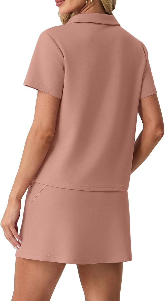 GRECERELLE Women's Summer 2 Piece Skort Set Half Zip Short Sleeve Top & Pocketed Tennis Skirt For Sports & Vacations.