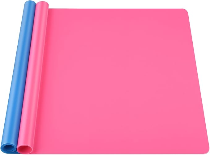 Silicone Mat Large, IKOCO 23.6"x15.7" Silicone Craft Mat for Playdough and Nonstick Resin Molds Sheets for Crafts, Paint, Clay, Blue and Rose Red