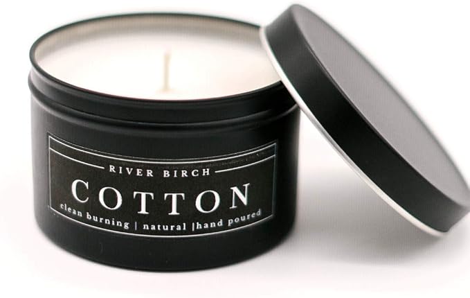 River Birch Candles Cotton Scented Candle | Premium, All-Natural, Non-Toxic, Soy Candles | 8 oz. Black Matte Tin Travel Candle | Cozy Relaxing Gifts for Home