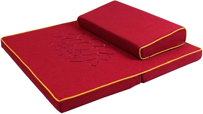 Portable Foldable Meditation Cushion Mat Set with Washable Cotton Linen Cover, Larger Thick Yoga Mat Bolster Floor Pillows Seating for Adults Meditation Accessories red-70cm