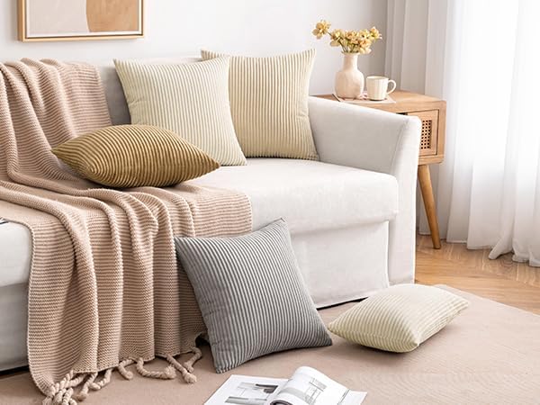 MIULEE Lumbar Soft Corduroy Throw Pillow Covers Set of 2 12x20 Cream White | Decorative Striped Textured Cushion Cases, Boho Pillowcases Neutral Home Decor, for Couch Chair Sofa Bed Living Room