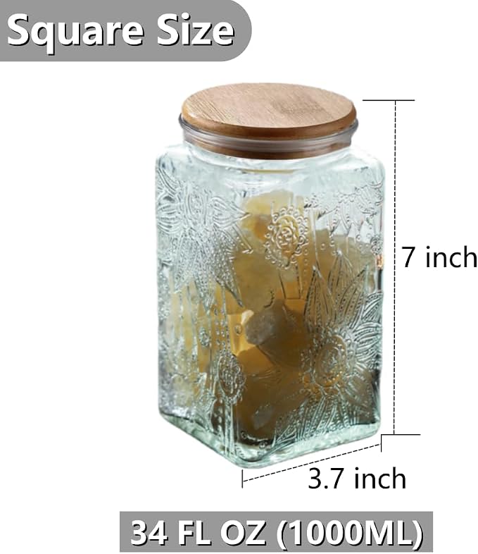Square Glass Jar with Lid, 34oz Airtight Coffee Canister | Coffee Grounds Container, Glass Food Storage Container for Candy, Tea, Sugar, Decorative Mason Jar