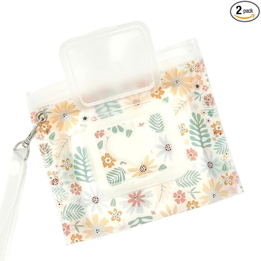 Portable & Refillable Wet Wipe Pouch - Reusable Baby Wipes Holder & Container, Mini Floral Love, 2pcs