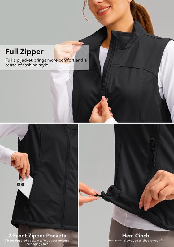 Soothfeel Women's Vest with Zipper Pocekts Lightweight Softshell Sleeveless Jacket Hiking Travel Golf Running Vest for Women
