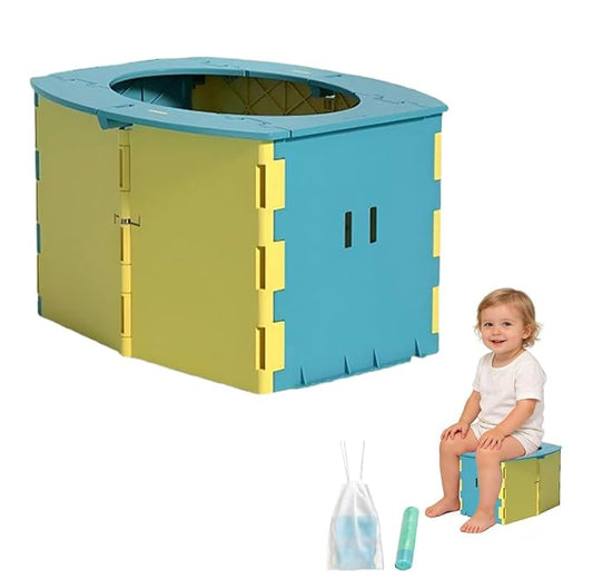 Portable Potty Seat for Toddler Foldable Travel Potty Training Toilet Seat with Cleaning Bags Reusable for Outdoor Camping, Travel potties(Yellow+Blue)