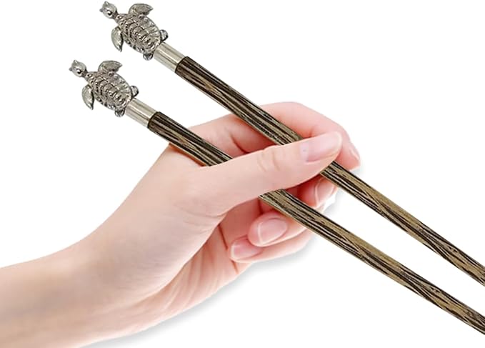 Wooden Chopsticks 9⅞" Coconut Palm Wood Chopstick With Metal Sea Turtle Top Eating Utensils Oriental Cutlery Asian Tableware Decorative Dinnerware to Serve Chinese Japanese Korean Food