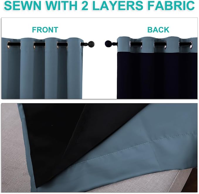 NICETOWN 100% Blackout Lined Curtains, Smoky Blue, 1 Pair, 62" Width x 63" Length Each Panel, 2 Thick Layers Completely Blackout Window Treatment Thermal Insulated Drapes for Kitchen/Bedroom