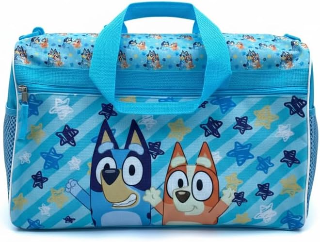 Bluey Kids’ Duffle Bag – Bluey & Bingo Travel Gym Bag with Adjustable Shoulder Strap, Mesh Side Pockets & Zipper Pocket
