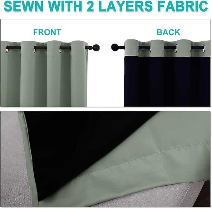 NICETOWN 100% Blackout Window Curtain Panels, Cold and Full Light Blocking Drapes with Black Liner for Nursery, 84" Drop Thermal Insulated Draperies (Greyish Green, 2 Pieces, 70" Wide Each Panel)
