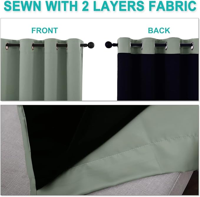 NICETOWN 100% Blackout Window Curtain Panels, Heat and Full Light Blocking Drapes with Black Liner for Nursery, 70" Drop Thermal Insulated Draperies (Greyish Green, 2 Pieces, 37" Wide Each Panel)