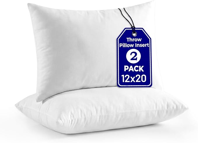 QUBA LINEN 12 x 20 Throw Pillow Insert - Pack of 2 White, Down Alternative Pillow Inserts for Decorative Pillow Covers, Throw Pillows for Bed, Couch Pillows for Living Room (12x20 Inch (Pack of 2))