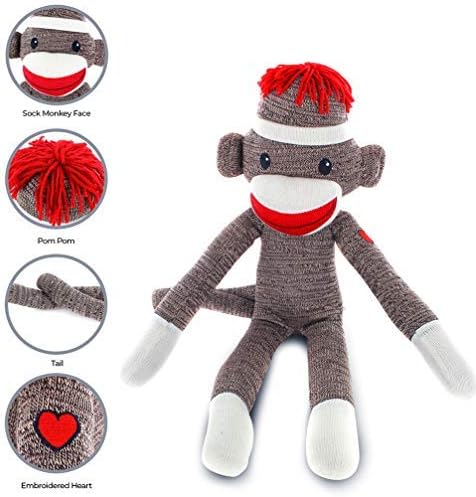 Plushland Brown Original Sock Monkey, Adorable Hand Knitted Stuffed Animal Toy Gift-for Kids, Babies, Teens, Girls and Boys Baby Doll Present Puppet 20 Inches