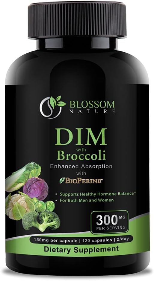 DIM Supplement 300mg with Broccoli 200mg BioPerine 10mg-Hormone and Estrogen Balance for Women & Men,Menopause Relief,PMS Support,Hormonal Acne Treatment-120 Caps,Diindolylmethane 150mg per Cap