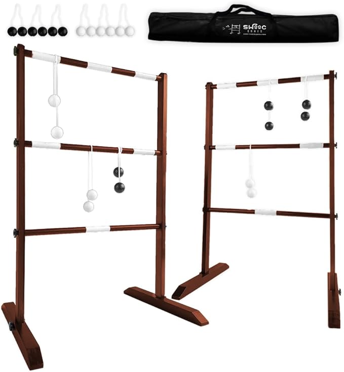SWOOC Games® - Premium Wooden Ladder Ball Game Set (Weather Resistant) - with 10+ Games & Carrying Case - Easy, No Tool Set Up - Premium Ladder Toss Outdoor Game - Backyard Ball Toss Games