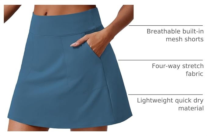 PINSPARK 17" Golf Skorts for Woman High Waisted Tennis Skirt with 4 Pockets | Lightweight, Quick Dry, 4-Way Strecth, Breathable, Tummy Control, UPF 50+ Athletic Skort for Workout, Pickleball, Gym, Casual