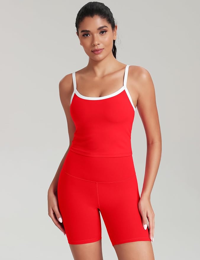 HeyNuts Vintage Color-Block Strappy Crop Tank Top for Womens, Cute Contrasting Trim Yoga Longline Sports Bras Padded A-D Cups