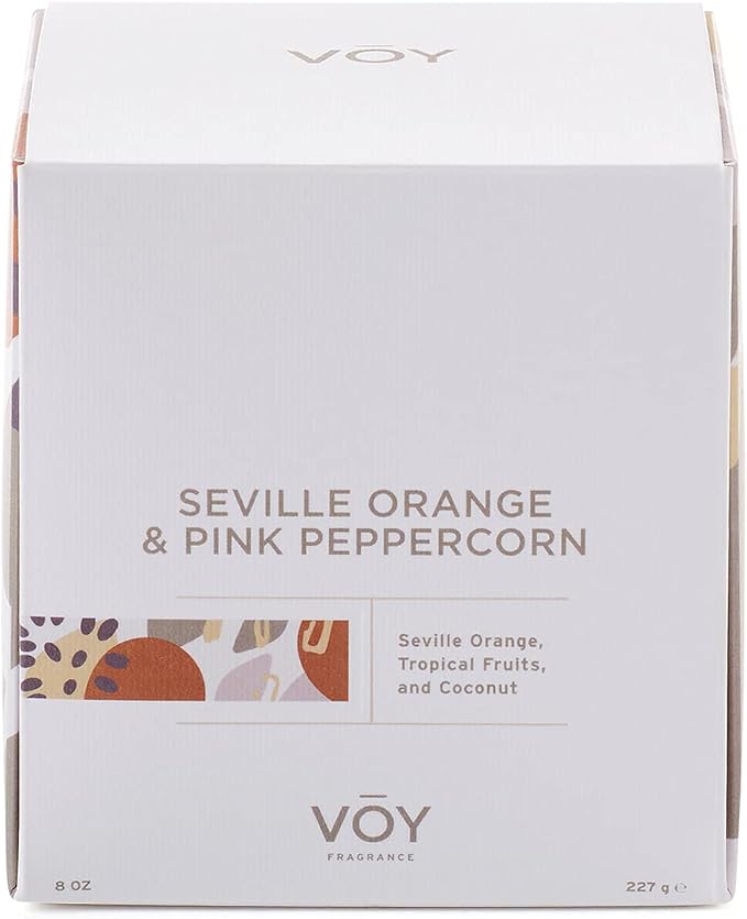 VOY Scented Candle, Tropical Bright Seville Orange & Pink Peppercorn, 55 Hour Burn Time, Blended Soy Candle, High-Fragrance Load, 8 oz Jar Candle, Aromatherapy Candle with Sustainable Gift Packaging