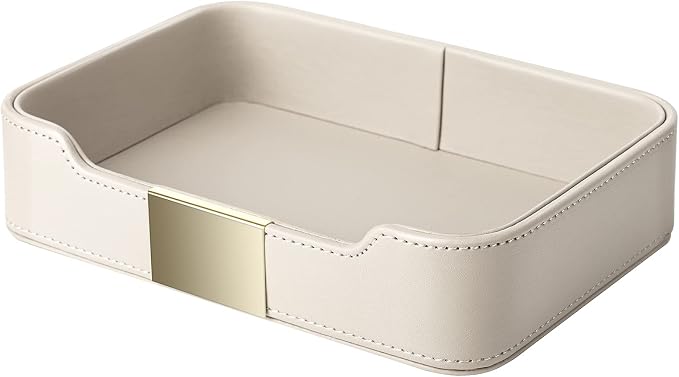 Leather Tray Organizer, Valet Tray Key Bowl (Metal Gilded, Grey) | Leather Catchall Tray for Entryway Table Desktop Storage, Decorative Tray for Jewelry Keys Wallet Phone Watch