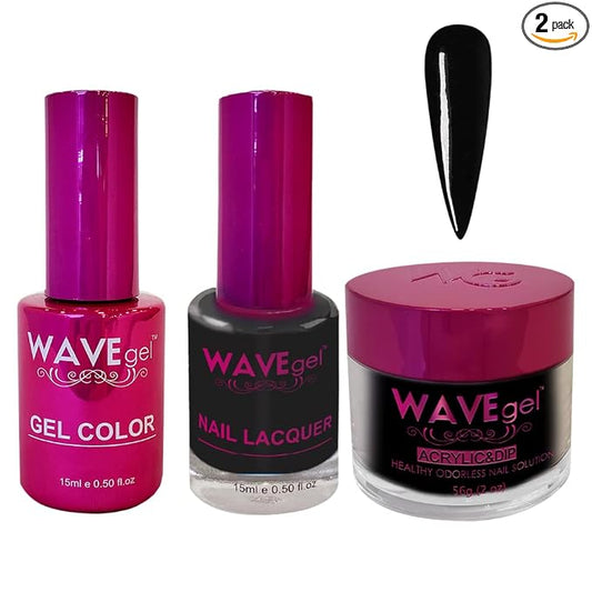 WAVEGEL Soak-Off Gel, Nail Lacquer & Acrylic/Dip Powder Matching Set - Princess Collection - #001 Super Black