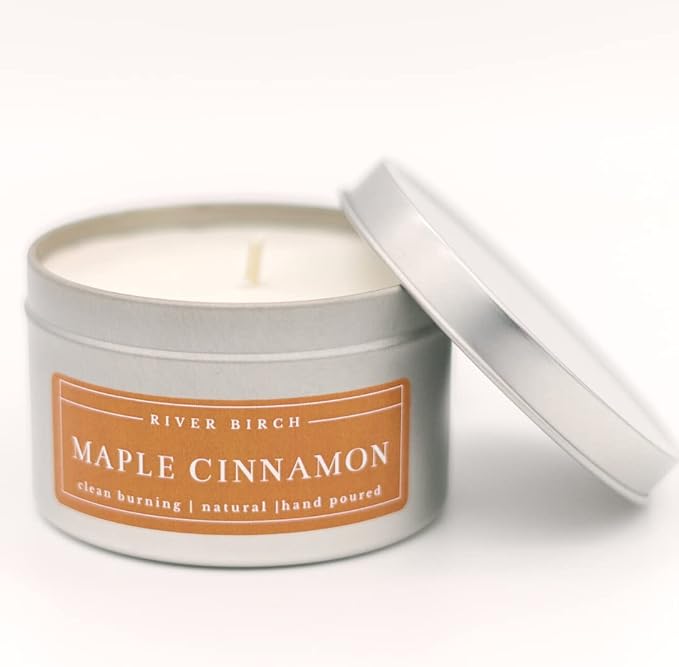 River Birch Candles Maple Cinnamon Scented Candle | Premium, All-Natural, Non-Toxic, Soy Candles | 8 oz. Silver Tin Travel Candle | Cozy Relaxing Gifts for Home
