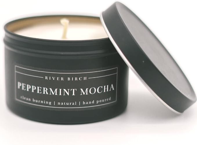 River Birch Candles Peppermint Mocha Scented Candle | Premium, All-Natural, Non-Toxic, Soy Candles | 8 oz. Black Matte Tin Travel Candle | Cozy Relaxing Gifts for Home