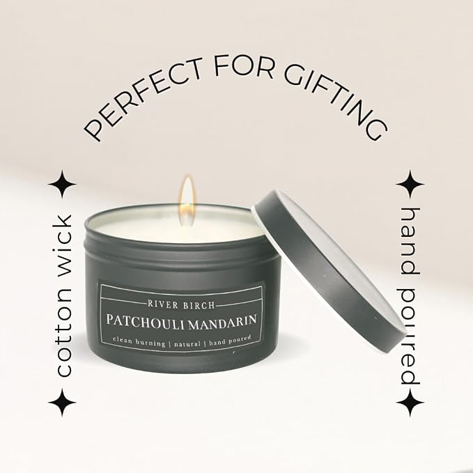 River Birch Candles Patchouli Mandarin Scented Candle | Premium, All-Natural, Non-Toxic, Soy Candles | 8 oz. Black Matte Tin Travel Candle | Cozy Relaxing Gifts for Home