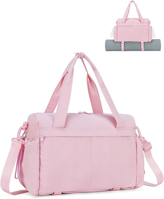 Small Gym Bag, Mini Gym Bag for Women with Yoga Mat Holder and Wet Compartment, Cute Mini Puffer Duffle Bag with Water Bottle Pocket for Workout Yoga Dance, Puffer Pink