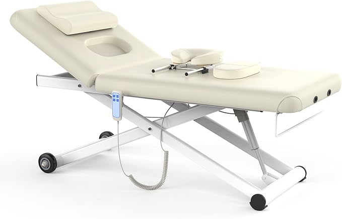 Olela 2 Motor Electric Stationary Massage Table, Heavy Duty Massage Table, 31.2" Wide Professional Massage Bed with Electric Backrest & Electric Lift, Metal X-Frame, PU Leather